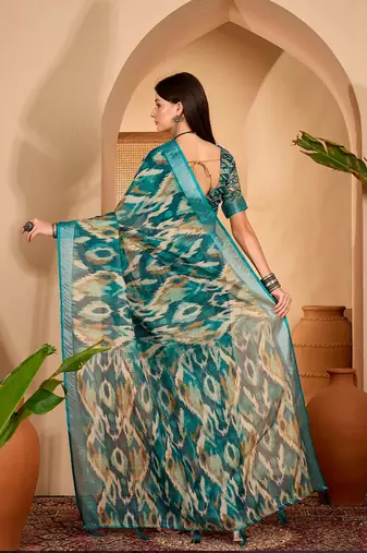 Royal blue linen geometric printed casual saree with blouse piece