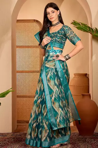 Royal blue linen geometric printed casual saree with blouse piece