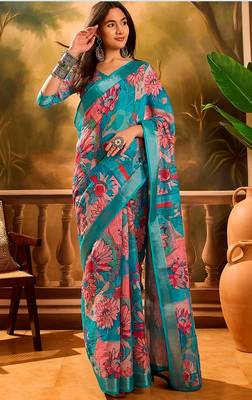 Blue linen floral printed casual saree with blouse piece 1