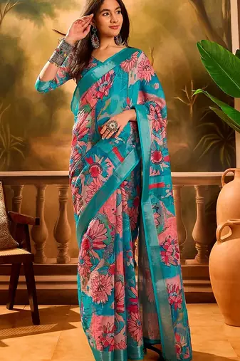 Blue linen floral printed casual saree with blouse piece