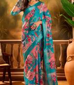 Blue linen floral printed casual saree with blouse piece