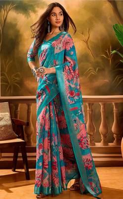 Blue linen floral printed casual saree with blouse piece 2