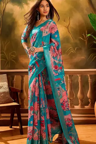 Blue linen floral printed casual saree with blouse piece