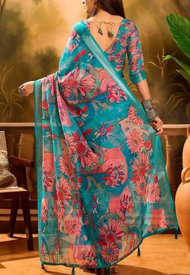 Blue linen floral printed casual saree with blouse piece 3