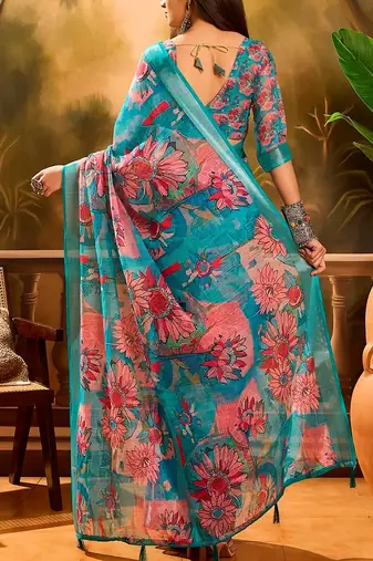 Blue linen floral printed casual saree with blouse piece