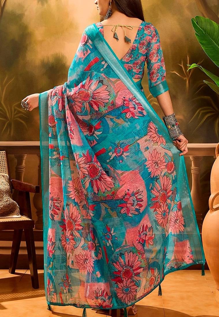 Blue linen floral printed casual saree with blouse piece