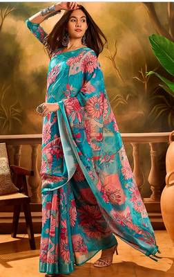 Blue linen floral printed casual saree with blouse piece 4