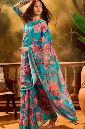 Blue linen floral printed casual saree with blouse piece