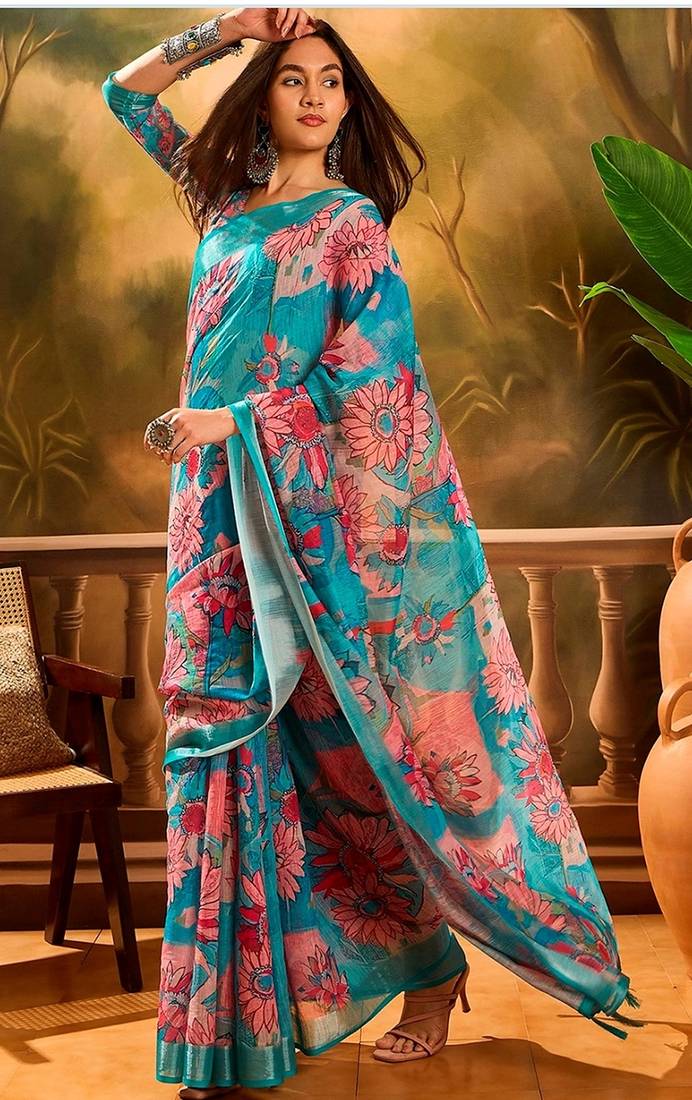 Blue linen floral printed casual saree with blouse piece