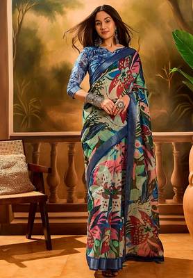 Blue linen floral printed casual saree with blouse piece 1