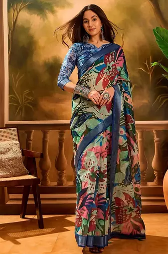 Blue linen floral printed casual saree with blouse piece
