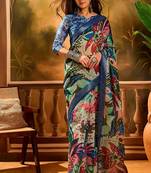 Blue linen floral printed casual saree with blouse piece