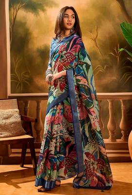 Blue linen floral printed casual saree with blouse piece 2