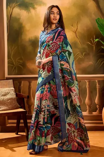 Blue linen floral printed casual saree with blouse piece