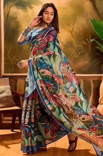 Blue linen floral printed casual saree with blouse piece