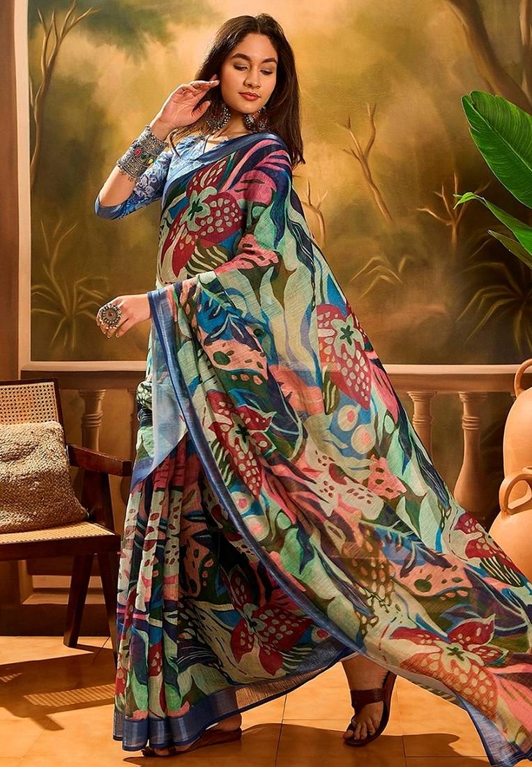 Blue linen floral printed casual saree with blouse piece