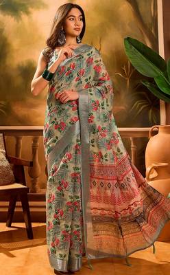 Grey linen floral printed casual saree with blouse piece 1