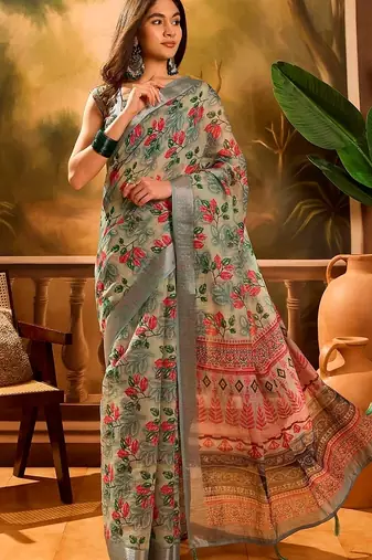 Grey linen floral printed casual saree with blouse piece