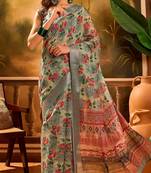 Grey linen floral printed casual saree with blouse piece