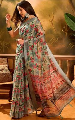 Grey linen floral printed casual saree with blouse piece 2