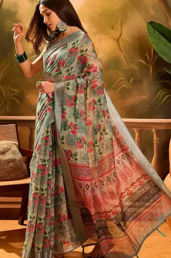 Grey linen floral printed casual saree with blouse piece