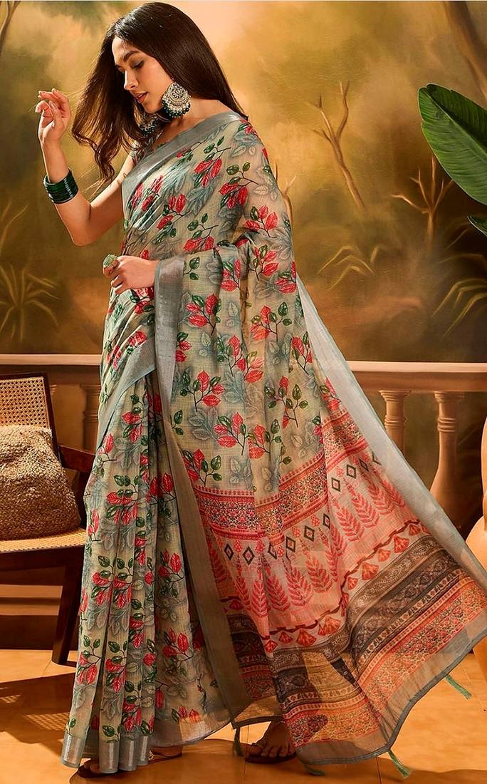 Grey linen floral printed casual saree with blouse piece