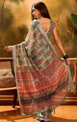 Grey linen floral printed casual saree with blouse piece 3