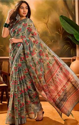 Grey linen floral printed casual saree with blouse piece 4