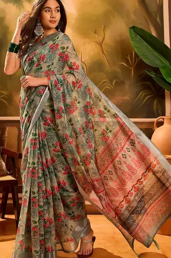 Grey linen floral printed casual saree with blouse piece
