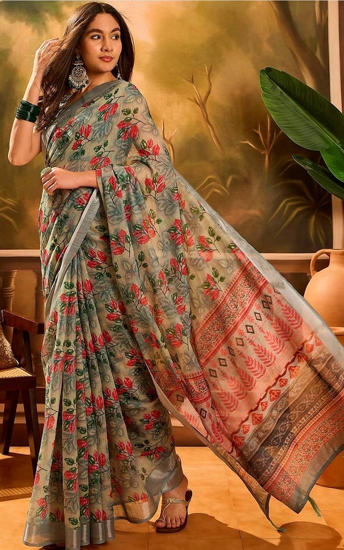 Grey linen floral printed casual saree with blouse piece