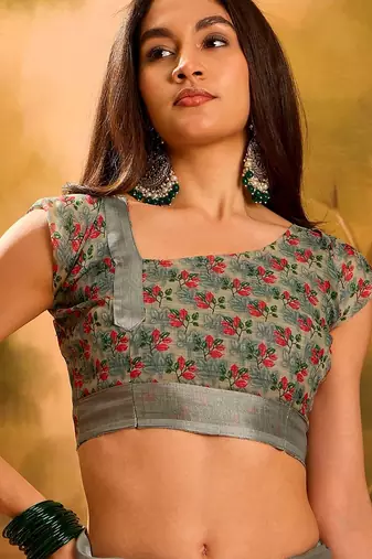 Grey linen floral printed casual saree with blouse piece