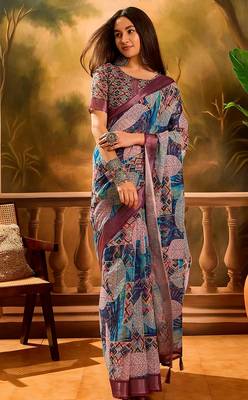 Wine linen geometric printed casual saree with blouse piece 1