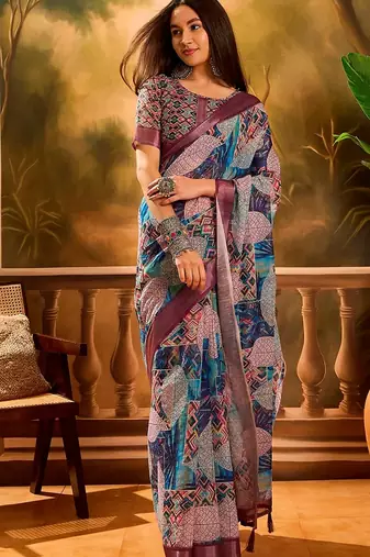 Wine linen geometric printed casual saree with blouse piece
