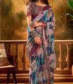 Wine linen geometric printed casual saree with blouse piece
