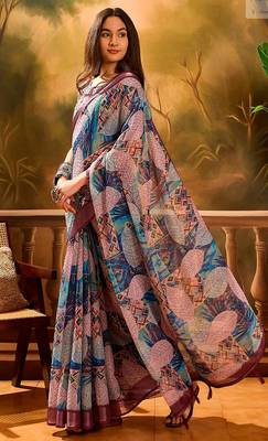 Wine linen geometric printed casual saree with blouse piece 2