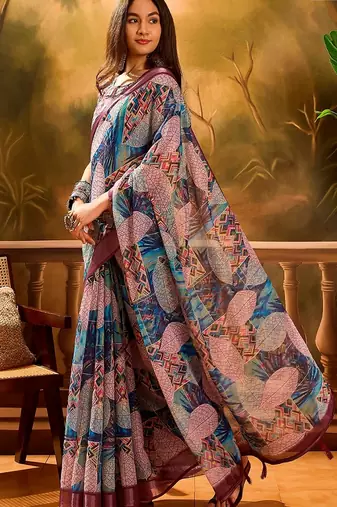 Wine linen geometric printed casual saree with blouse piece