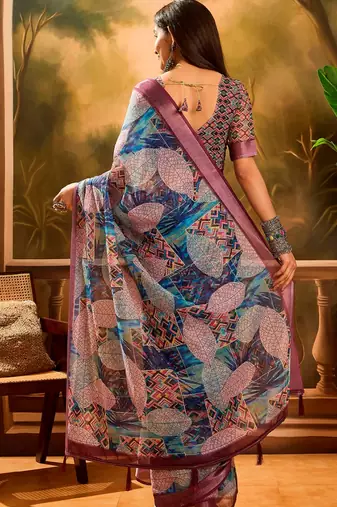 Wine linen geometric printed casual saree with blouse piece