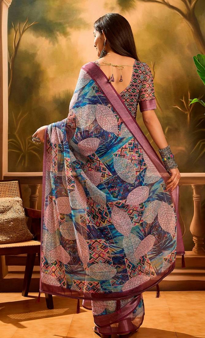 Wine linen geometric printed casual saree with blouse piece