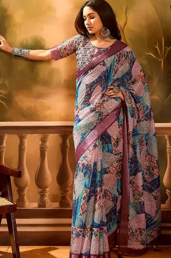 Wine linen geometric printed casual saree with blouse piece