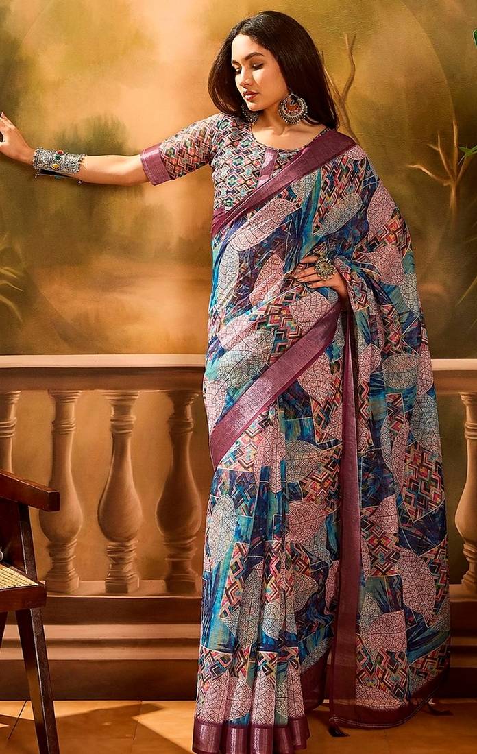 Wine linen geometric printed casual saree with blouse piece