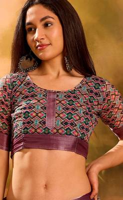 Wine linen geometric printed casual saree with blouse piece 5