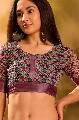 Wine linen geometric printed casual saree with blouse piece