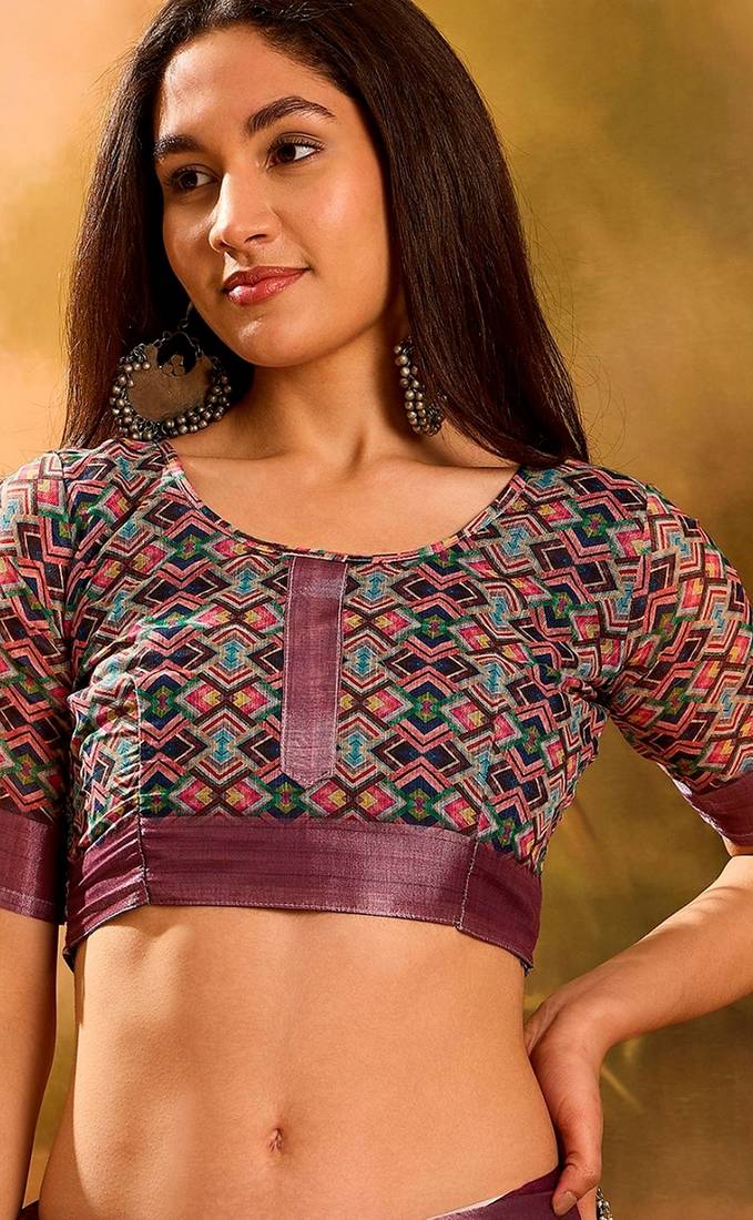 Wine linen geometric printed casual saree with blouse piece