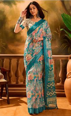 Teal linen floral printed casual saree with blouse piece 1