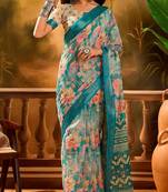 Teal linen floral printed casual saree with blouse piece