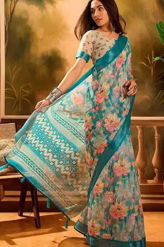 Teal linen floral printed casual saree with blouse piece