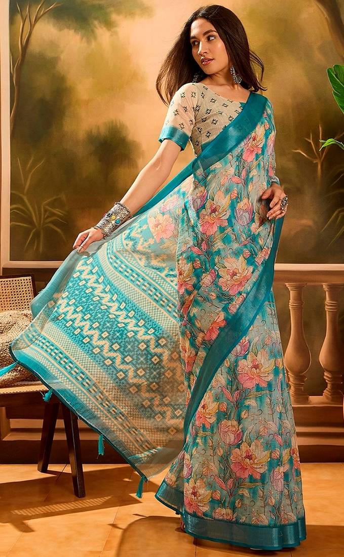 Teal linen floral printed casual saree with blouse piece