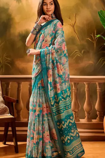 Teal linen floral printed casual saree with blouse piece