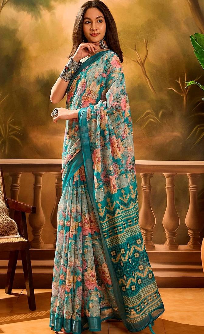 Teal linen floral printed casual saree with blouse piece