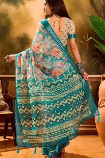 Teal linen floral printed casual saree with blouse piece